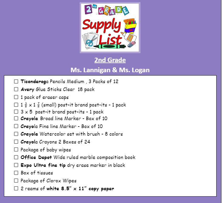 2nd grade supply list